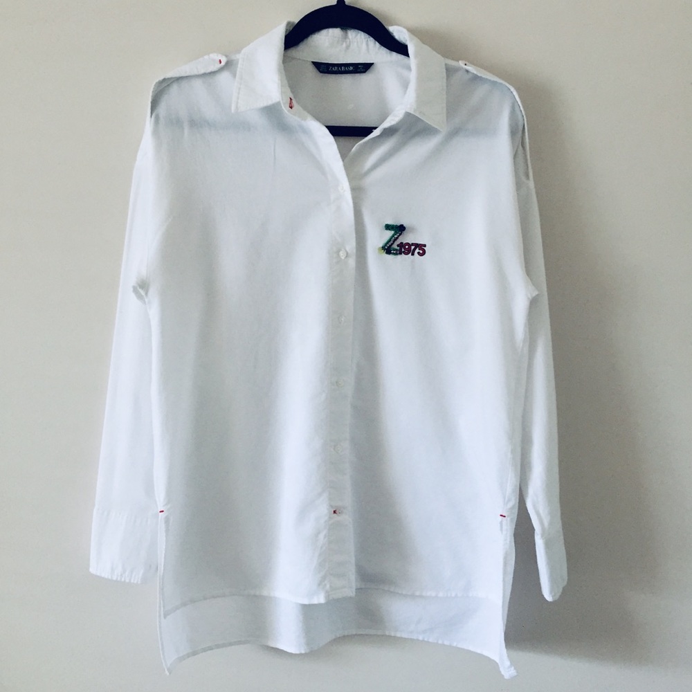 Zara Basic White Oversized Button-Down Boyfriend Shirt With Zara Logo Size US M